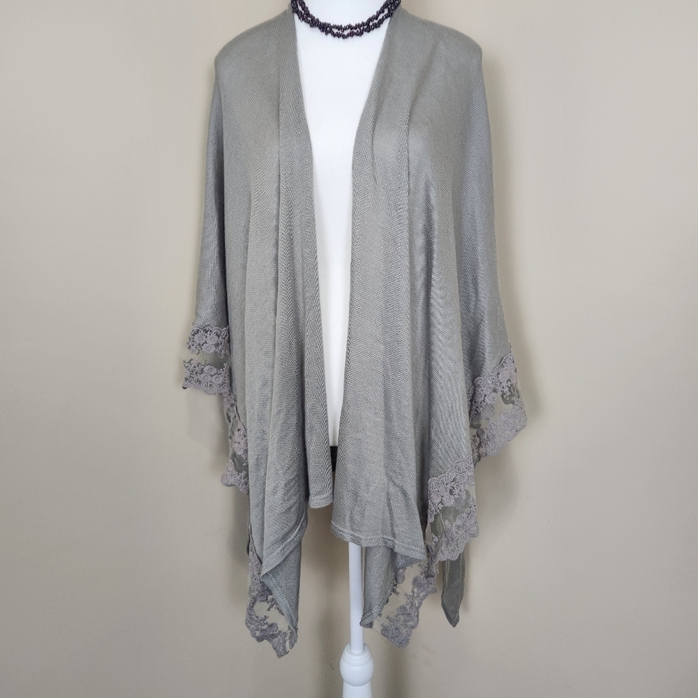 LC Lauren Conrad Womens Gray Kimono Lace Trim One Size Lightweight - Picture 7 of 10
